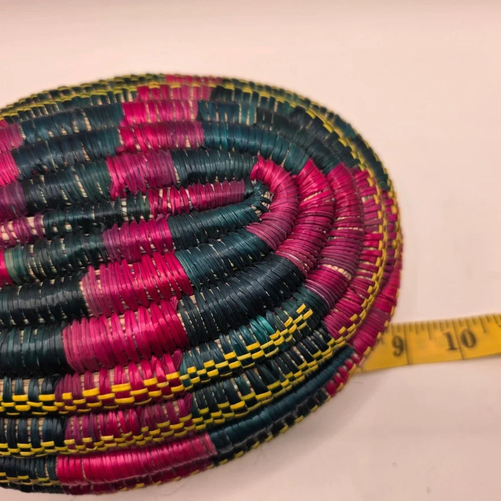 Handwoven Coiled Grass Muday Basket Ethiopian‎ Pink Green Yellow Boho Lidded Box